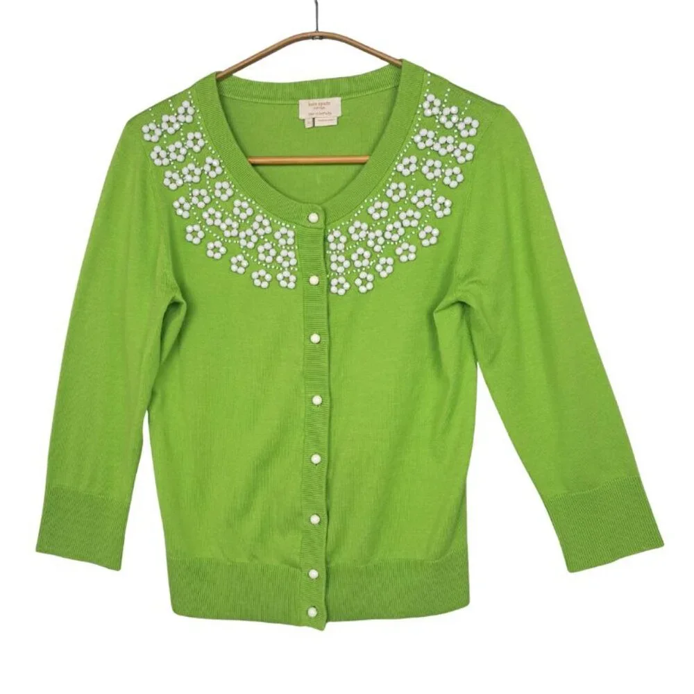 Kate Spade Beaded Floral Embellished 3/4 Sleeve Cardigan in Green Cotton Size S